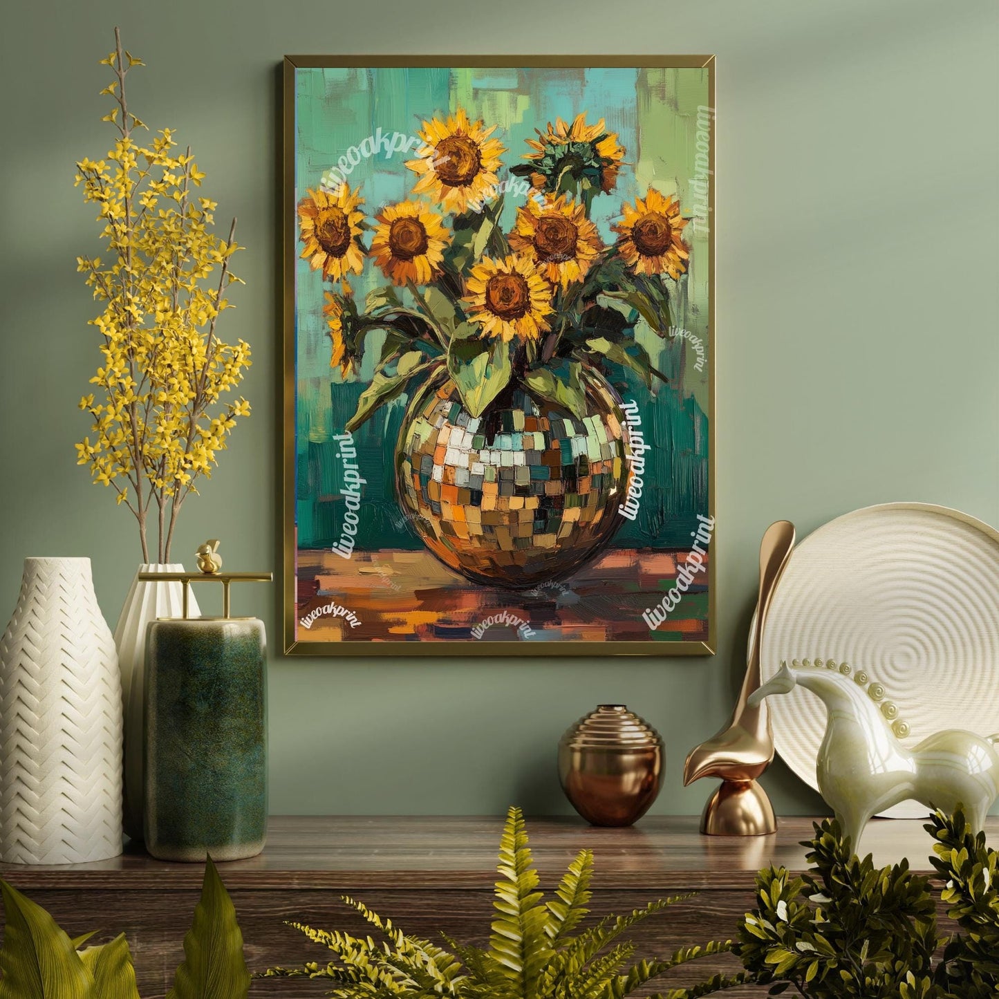 Green Impressionist Sunflowers in a Disco Vase - Disco Ball Wall Art - Disco Ball Decor - Trendy Wall Art - Funky Wall Decor - Boho Decor