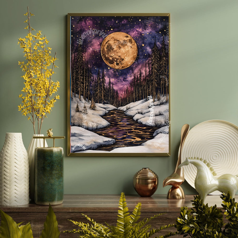 Dark Academic Gold and Violet Moon - Winter Moon Print - Gothic Moon - Whimsical Moon Print - Dark Academia Whimsigoth Print