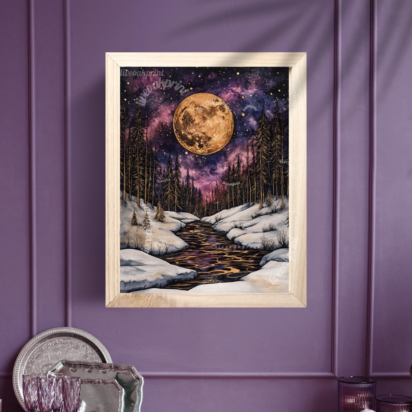 Dark Academic Gold and Violet Moon - Winter Moon Print - Gothic Moon - Whimsical Moon Print - Dark Academia Whimsigoth Print