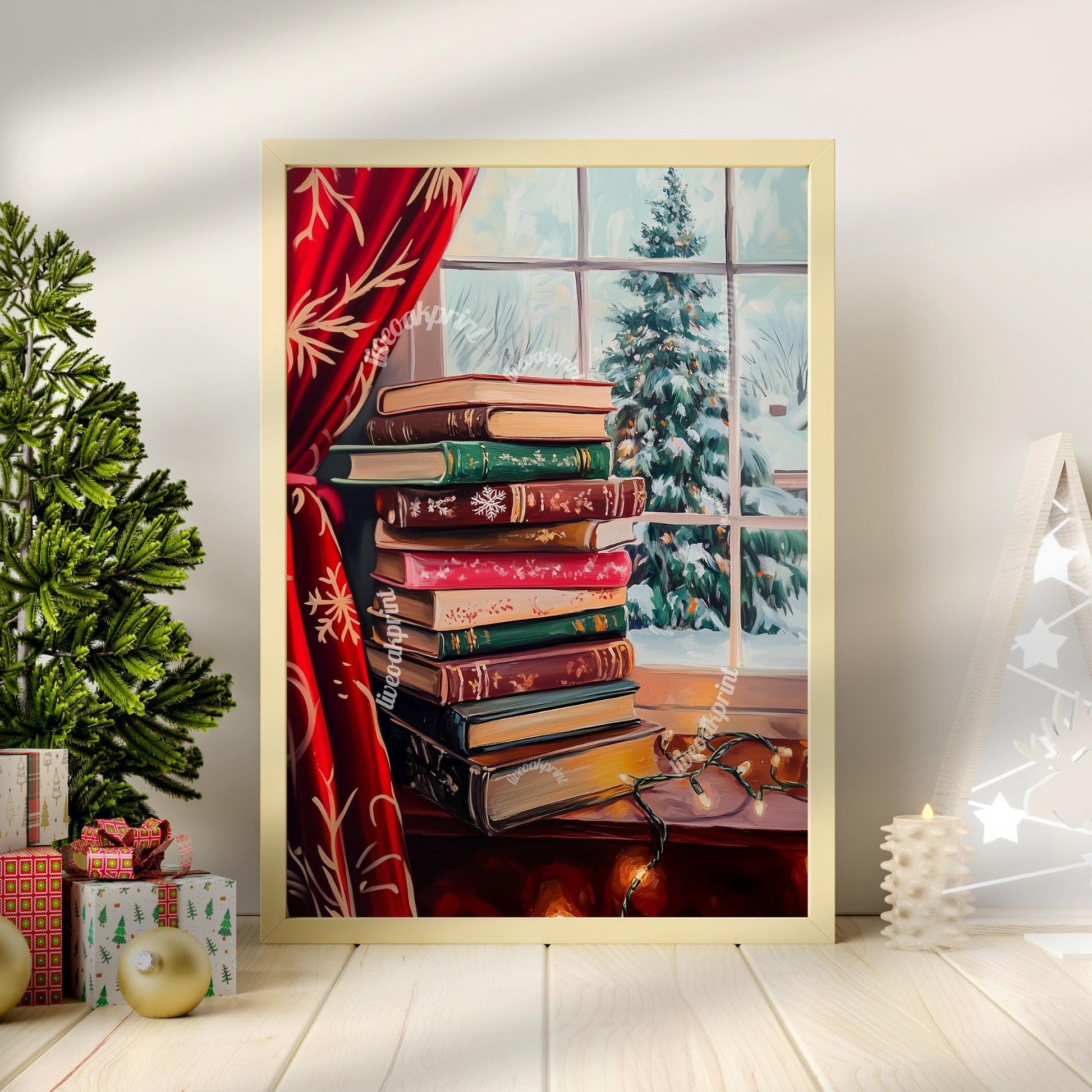 Christmas Stack of Books and Christmas Tree - Cozy Christmas Print - Christmas Reading - Vintage Christmas Decor - Unique Christmas Painting