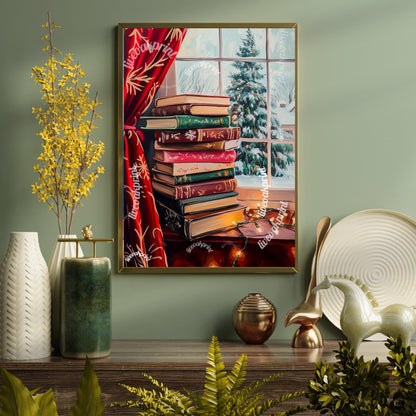 Christmas Stack of Books and Christmas Tree - Cozy Christmas Print - Christmas Reading - Vintage Christmas Decor - Unique Christmas Painting