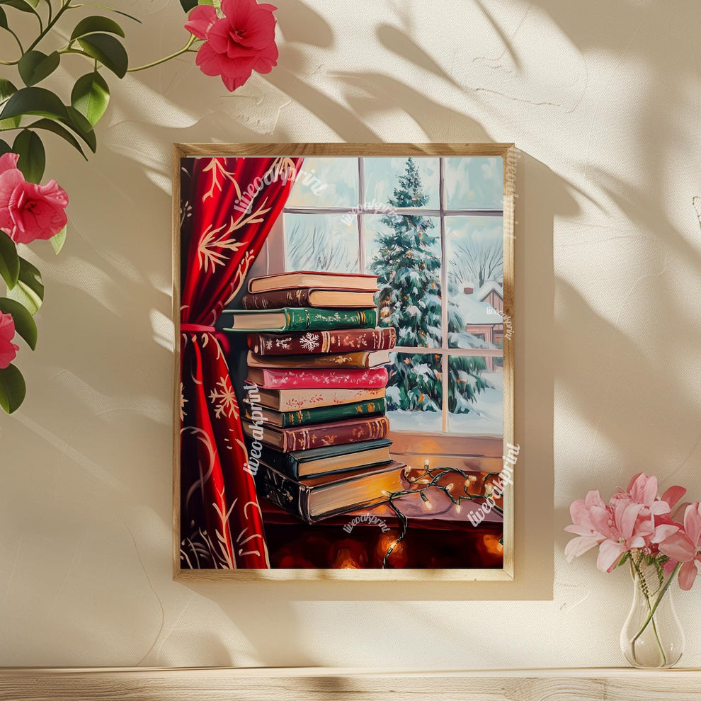 Christmas Stack of Books and Christmas Tree - Cozy Christmas Print - Christmas Reading - Vintage Christmas Decor - Unique Christmas Painting