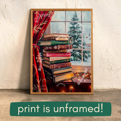 Christmas Stack of Books and Christmas Tree - Cozy Christmas Print - Christmas Reading - Vintage Christmas Decor - Unique Christmas Painting