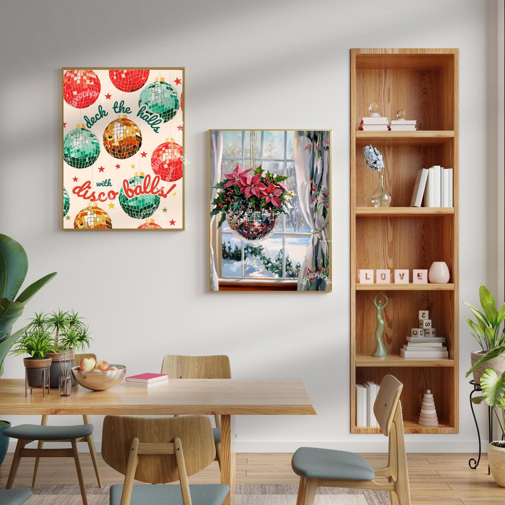 Christmas Disco Ball and Poinsettias - Winter Wall Art - Winter Scene Wall Art - Snow Print - Disco Christmas - Vintage Snow Painting