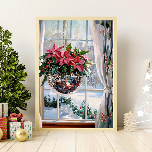 Christmas Disco Ball and Poinsettias - Winter Wall Art - Winter Scene Wall Art - Snow Print - Disco Christmas - Vintage Snow Painting