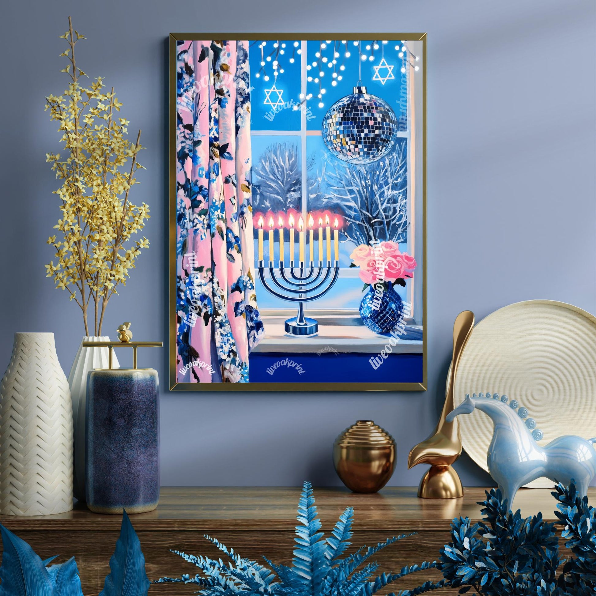 Cute and Cozy Hanukkah Window Print - Menorah & Disco Ball | Star of David Lights | Boho Hanukkah Wall Art | Festive Home Decor