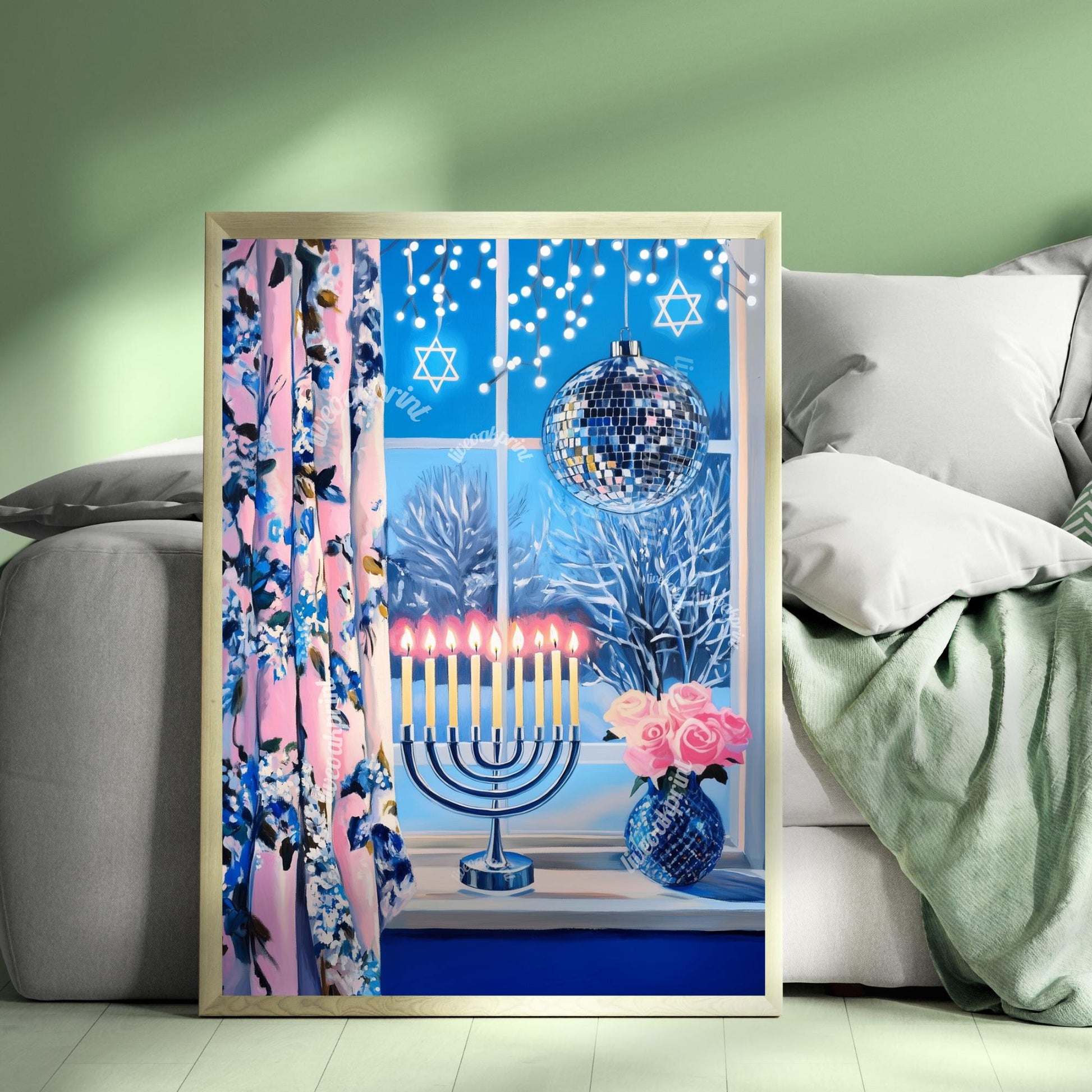 Cute and Cozy Hanukkah Window Print - Menorah & Disco Ball | Star of David Lights | Boho Hanukkah Wall Art | Festive Home Decor