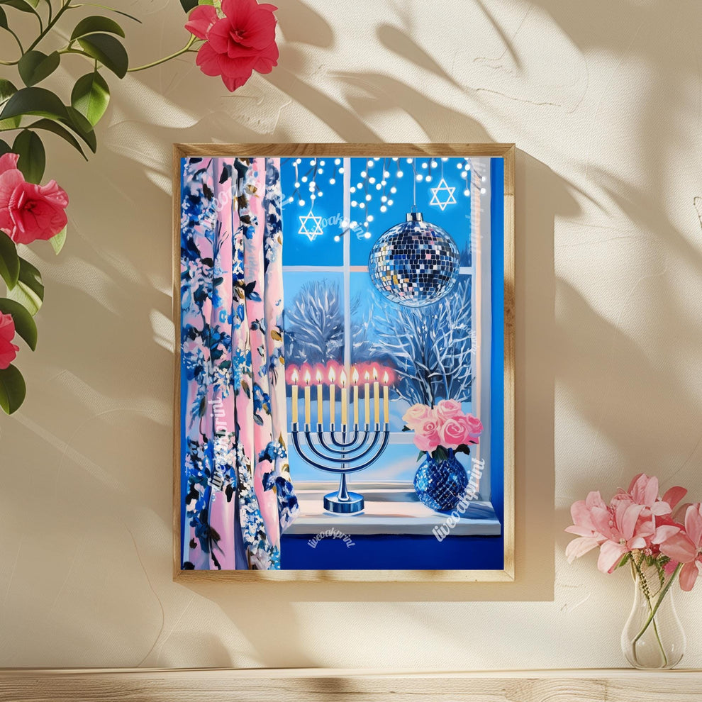 Cute and Cozy Hanukkah Window Print - Menorah & Disco Ball | Star of David Lights | Boho Hanukkah Wall Art | Festive Home Decor