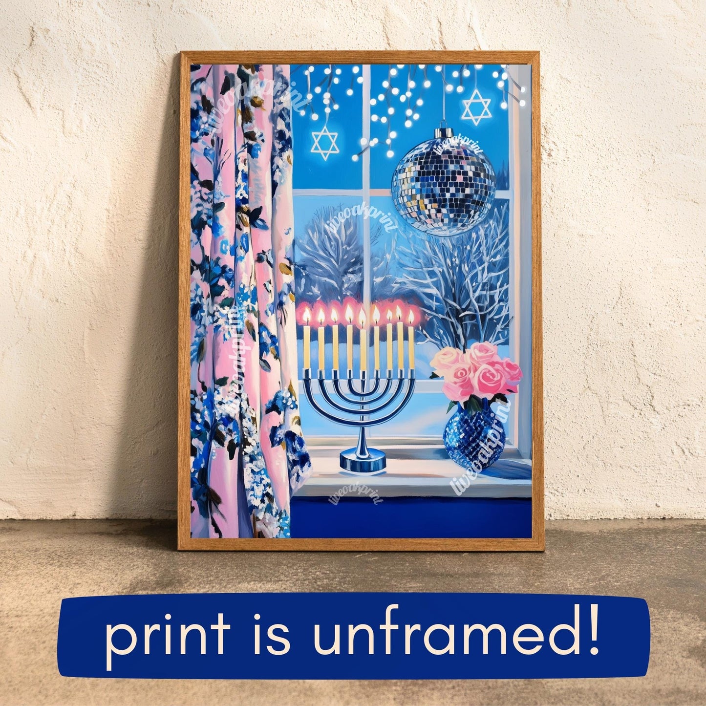 Cute and Cozy Hanukkah Window Print - Menorah & Disco Ball | Star of David Lights | Boho Hanukkah Wall Art | Festive Home Decor