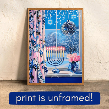 Cute and Cozy Hanukkah Window Print - Menorah & Disco Ball | Star of David Lights | Boho Hanukkah Wall Art | Festive Home Decor