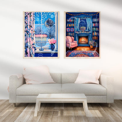 Cozy Hanukkah Living Room Print - Menorah & Reading Nook | Adorable Hanukkah | Boho Hanukkah Wall Art | Jewish Holiday Decor