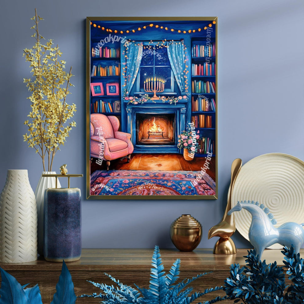 Cozy Hanukkah Living Room Print - Menorah & Reading Nook | Adorable Hanukkah | Boho Hanukkah Wall Art | Jewish Holiday Decor