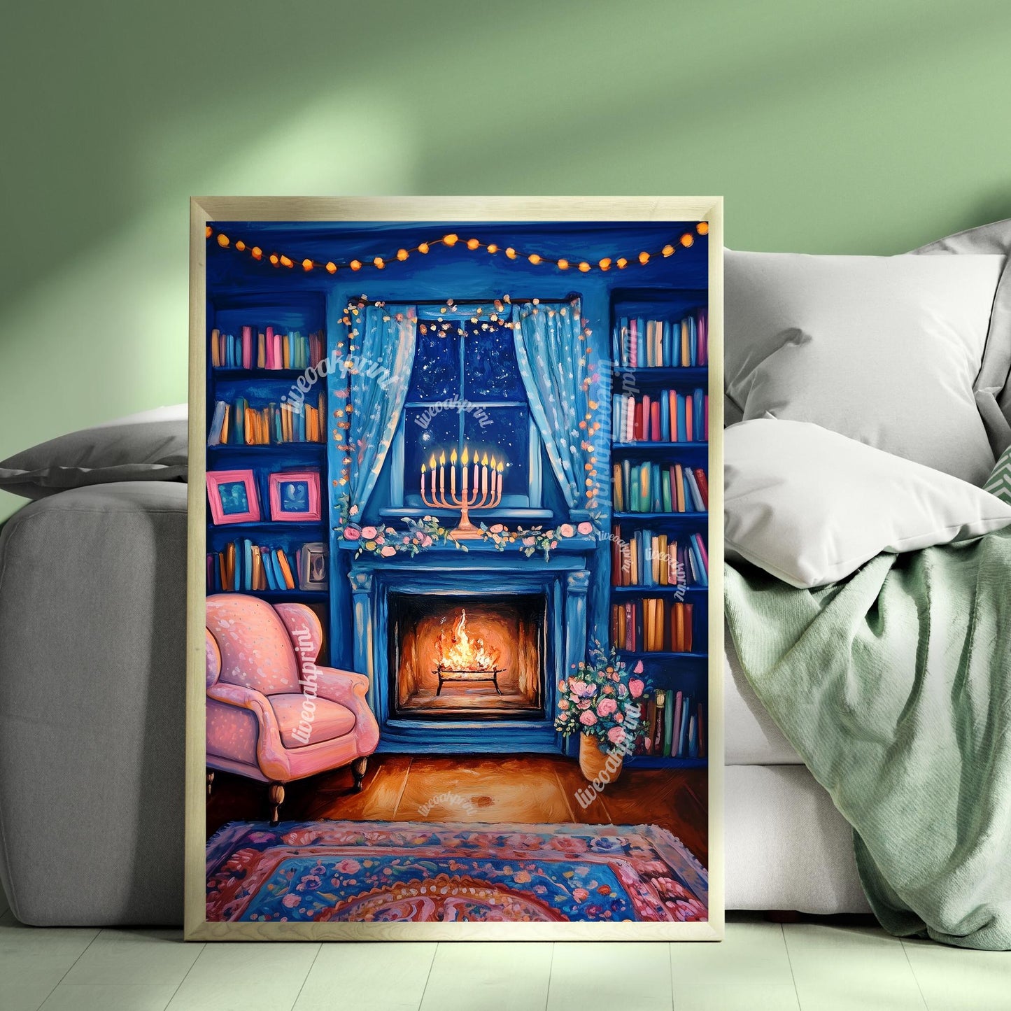 Cozy Hanukkah Living Room Print - Menorah & Reading Nook | Adorable Hanukkah | Boho Hanukkah Wall Art | Jewish Holiday Decor