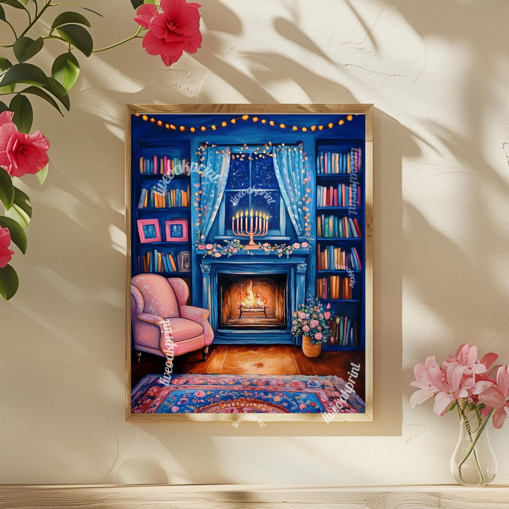 Cozy Hanukkah Living Room Print - Menorah & Reading Nook | Adorable Hanukkah | Boho Hanukkah Wall Art | Jewish Holiday Decor