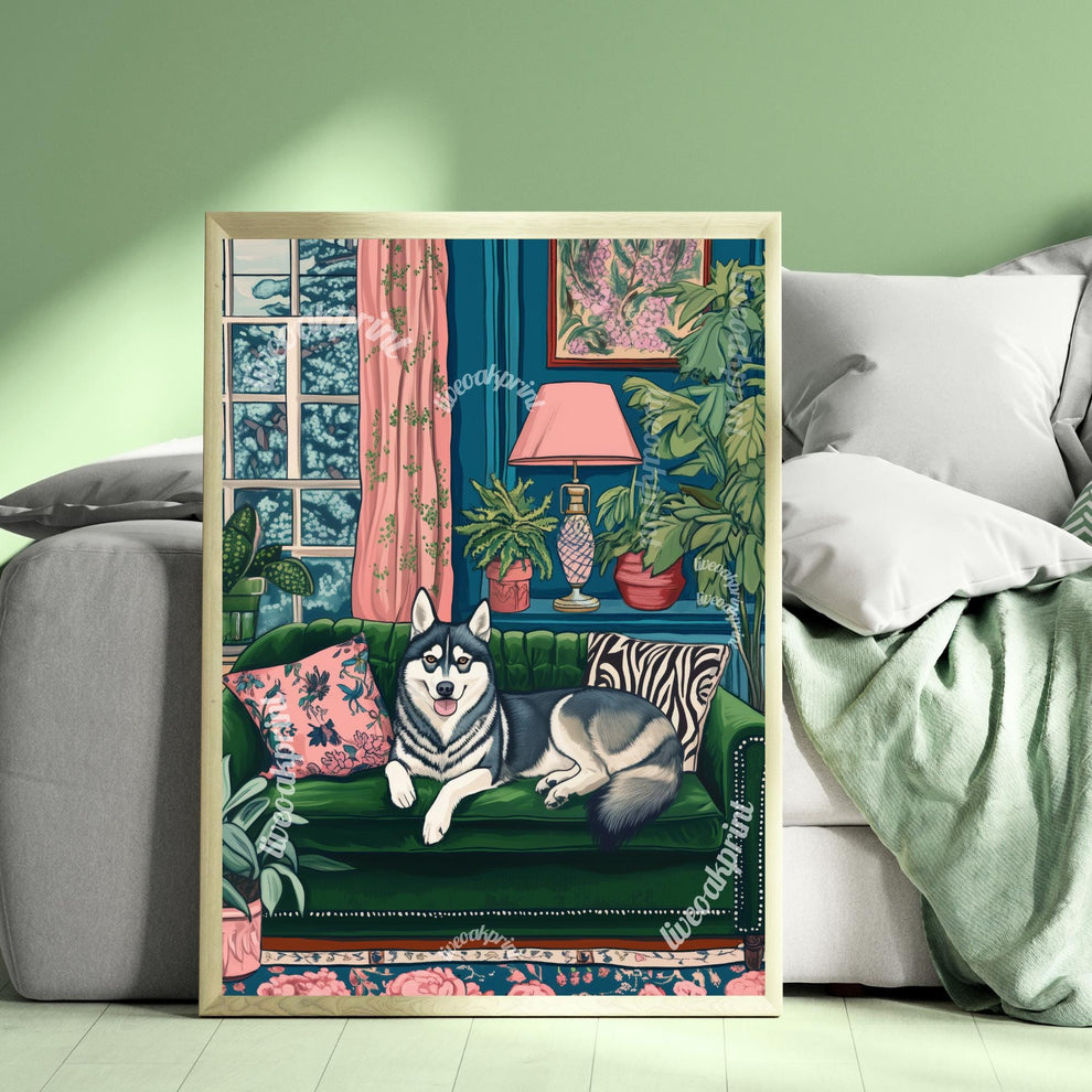 Husky Lounging on a Luxury Sofa – Maximalist Wall Art – Husky Dog Print – Maximalism Dog Art