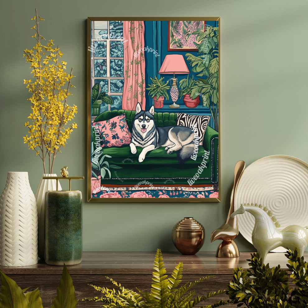 Husky Lounging on a Luxury Sofa – Maximalist Wall Art – Husky Dog Print – Maximalism Dog Art