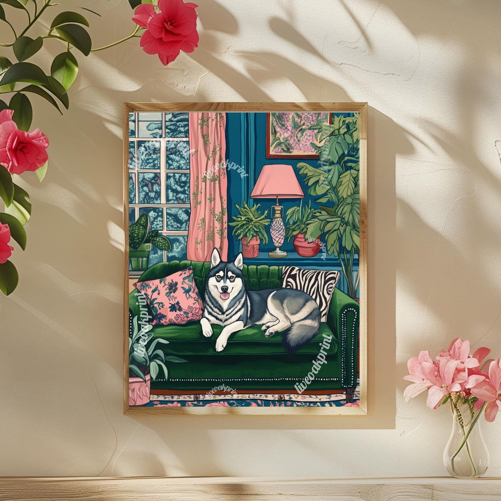 Husky Lounging on a Luxury Sofa – Maximalist Wall Art – Husky Dog Print – Maximalism Dog Art