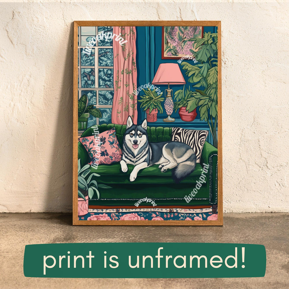 Husky Lounging on a Luxury Sofa – Maximalist Wall Art – Husky Dog Print – Maximalism Dog Art