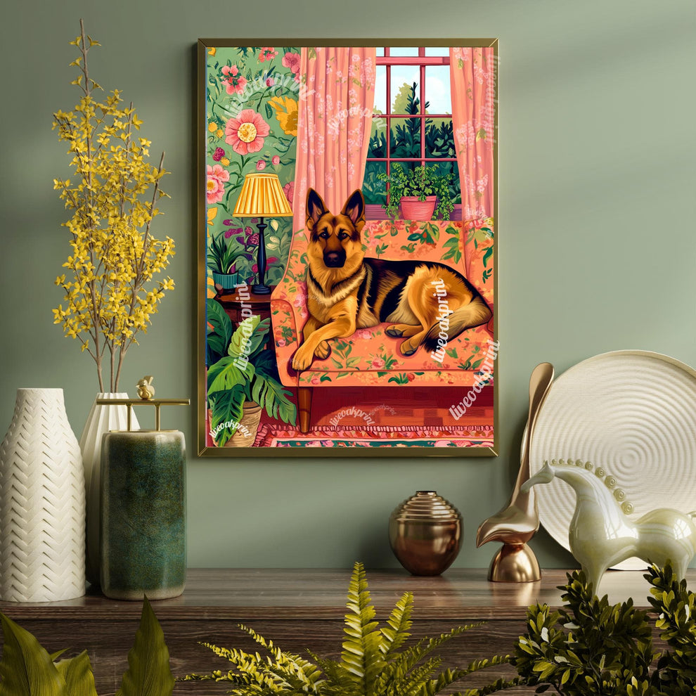 German Shepherd Lounging on a Luxury Sofa – Maximalist Wall Art – German Shepherd Dog Print – Dog Wall Art