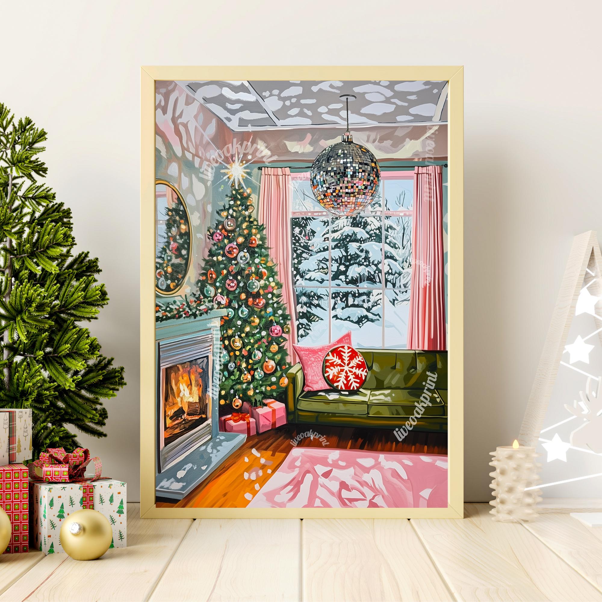 Christmas Disco Living Room Print - Christmas Art - Winter Scene - Cozy Christmas Decor - Hygge Wall Art - Hygge Decor - Vintage Christmas