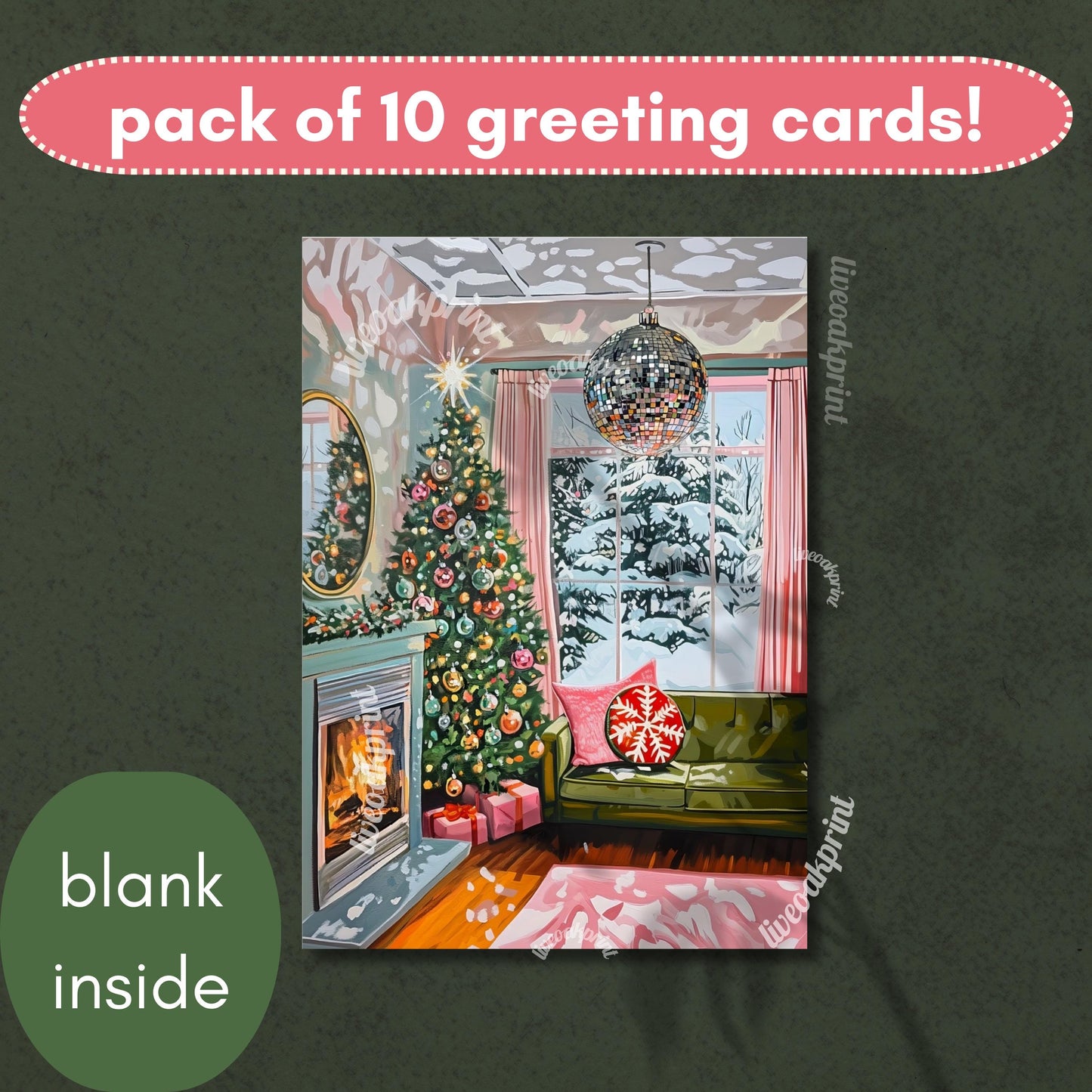 Christmas Disco Living Room Greeting Cards - Hygge Christmas Living Room – Pack of 10 Cozy Vintage Holiday Cards