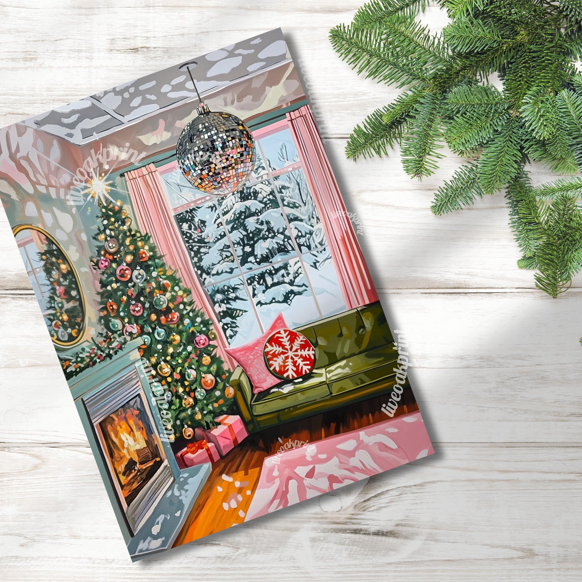 Christmas Disco Living Room Greeting Cards - Hygge Christmas Living Room – Pack of 10 Cozy Vintage Holiday Cards