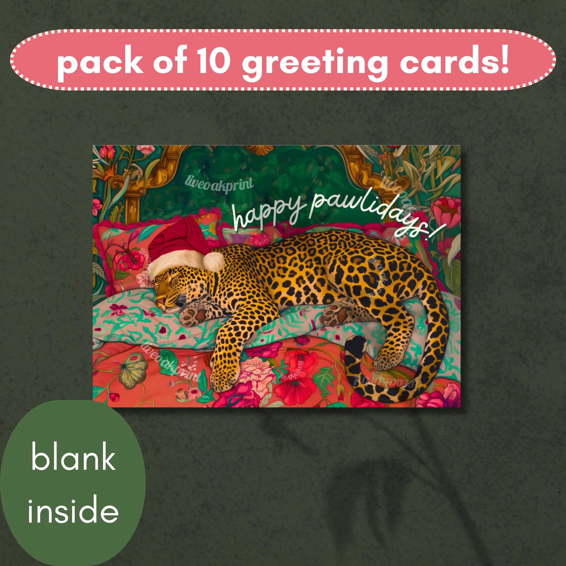 Happy Pawlidays Cards - Sleepy Leopard Christmas Cards - Funky Maximalist Trendy Christmas Cards - Pack of 10 Holiday Cards