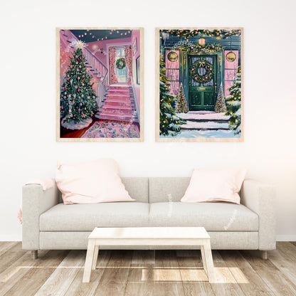 Pink Christmas Entryway Print - Christmas Art - Winter Scene - Cozy Christmas Decor - Hygge Wall Art - Hygge Decor Vintage Christmas