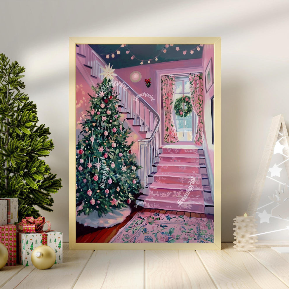 Pink Christmas Entryway Print - Christmas Art - Winter Scene - Cozy Christmas Decor - Hygge Wall Art - Hygge Decor Vintage Christmas