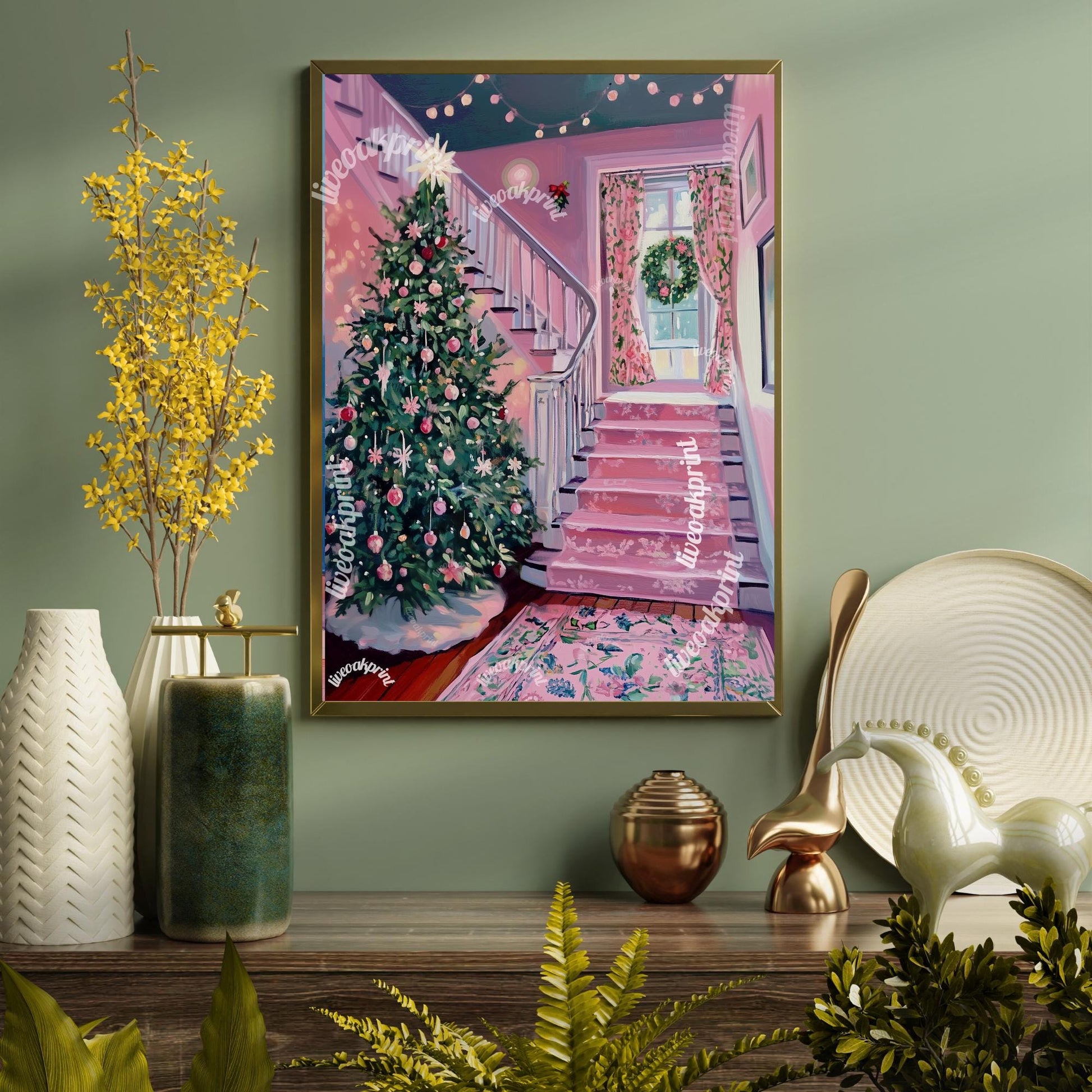 Pink Christmas Entryway Print - Christmas Art - Winter Scene - Cozy Christmas Decor - Hygge Wall Art - Hygge Decor Vintage Christmas