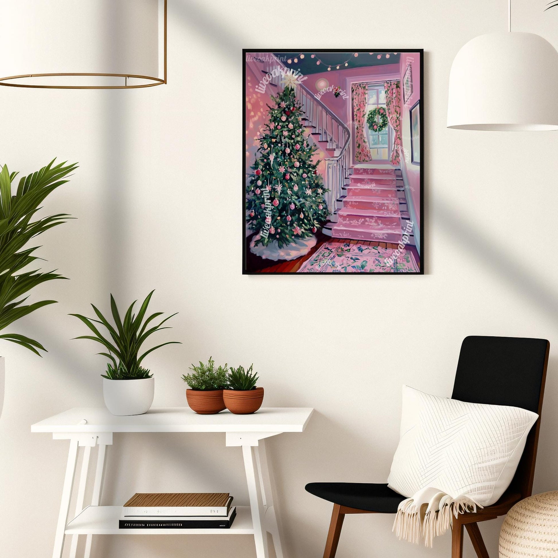 Pink Christmas Entryway Print - Christmas Art - Winter Scene - Cozy Christmas Decor - Hygge Wall Art - Hygge Decor Vintage Christmas