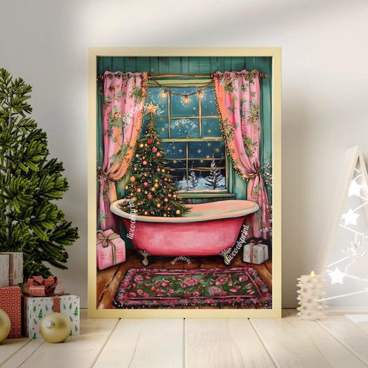 Christmas Tree in a Bathtub Print – Unique Christmas Bathroom Art – Cozy Christmas Decor – Hygge Wall Art – Vintage Christmas Decor