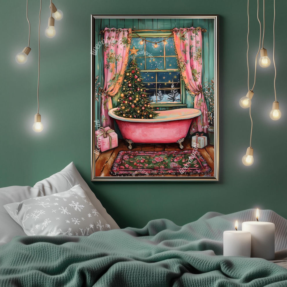 Christmas Tree in a Bathtub Print – Unique Christmas Bathroom Art – Cozy Christmas Decor – Hygge Wall Art – Vintage Christmas Decor