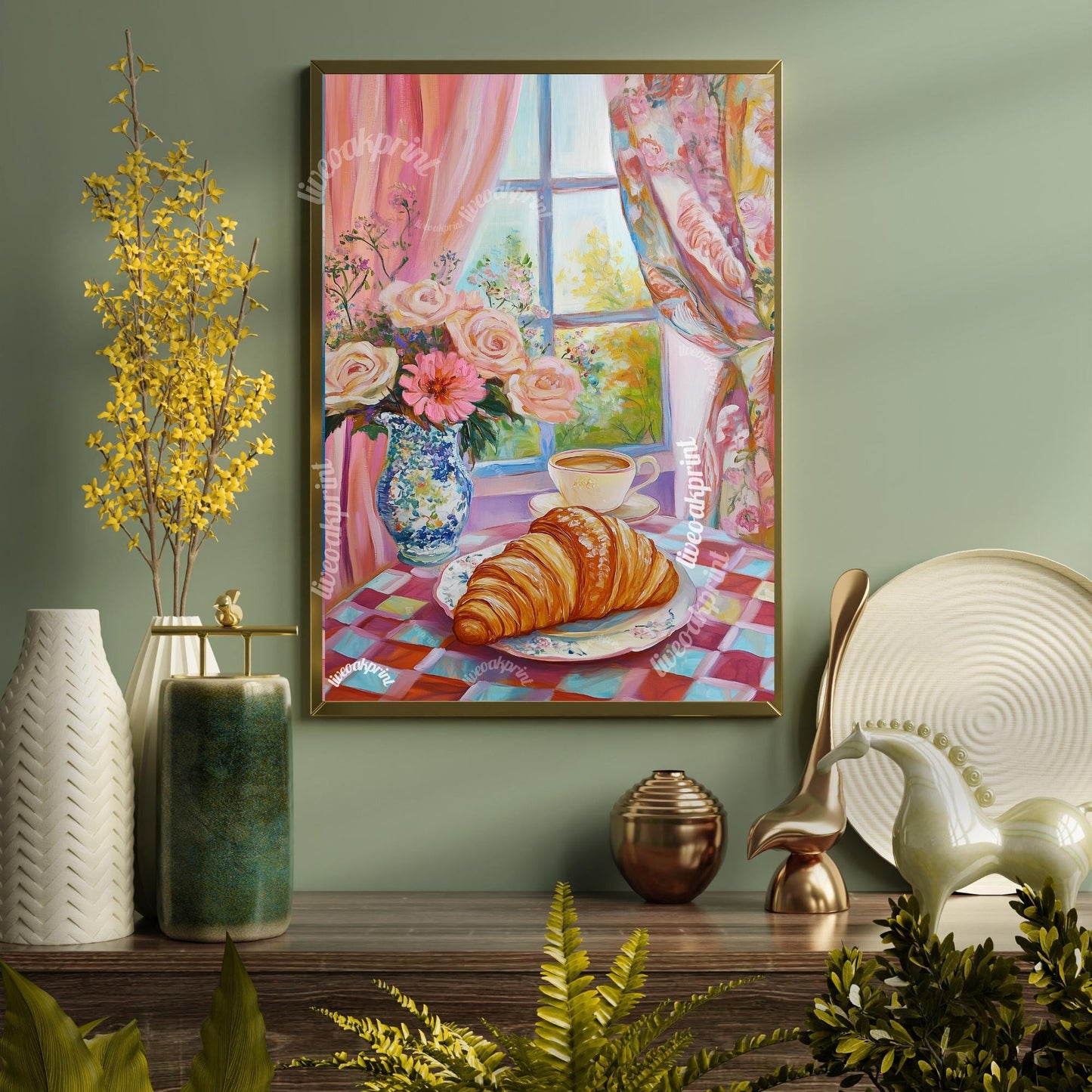 Pink Croissant and Coffee Print - Croissant Poster - Croissant Modern Art Print - Contemporary Kitchen Prints - Croissant French Poster