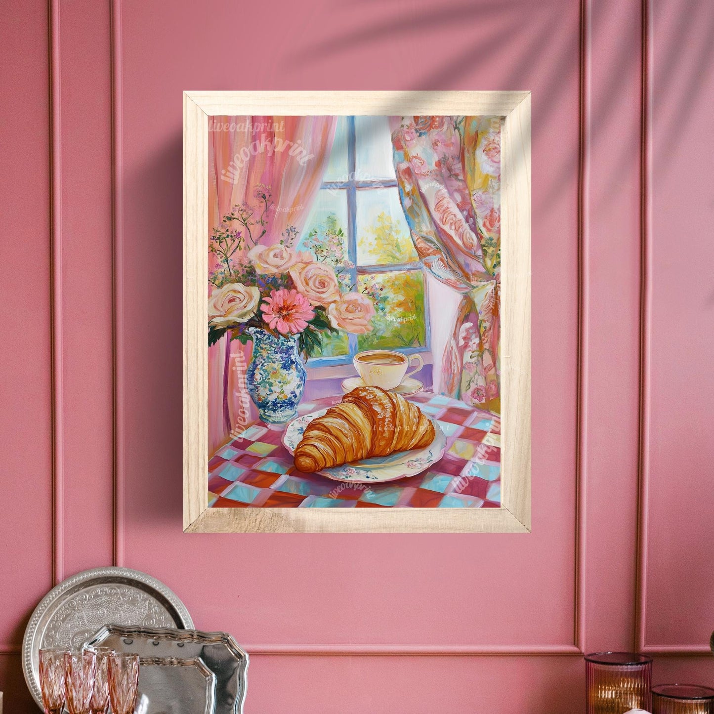 Pink Croissant and Coffee Print - Croissant Poster - Croissant Modern Art Print - Contemporary Kitchen Prints - Croissant French Poster