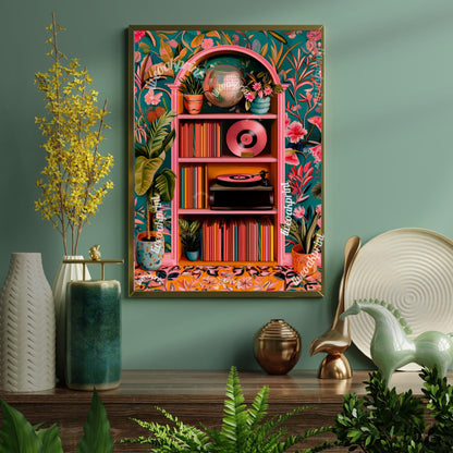 Disco Record Player Print - Maximalist Wall Art - 1970s Record Player Stand - Vintage Record Print - Record Shelf Decor Disco Ball