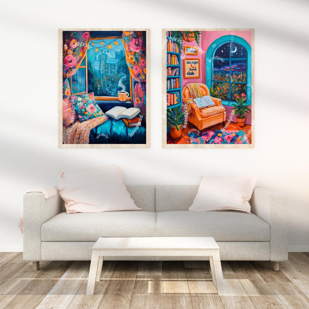 Cozy Raining Reading Window Seat - Cozy Book Print - Cute Reading Art - Blue Reading Proint Bookish Decor - Book Merch - Vintage Book Print