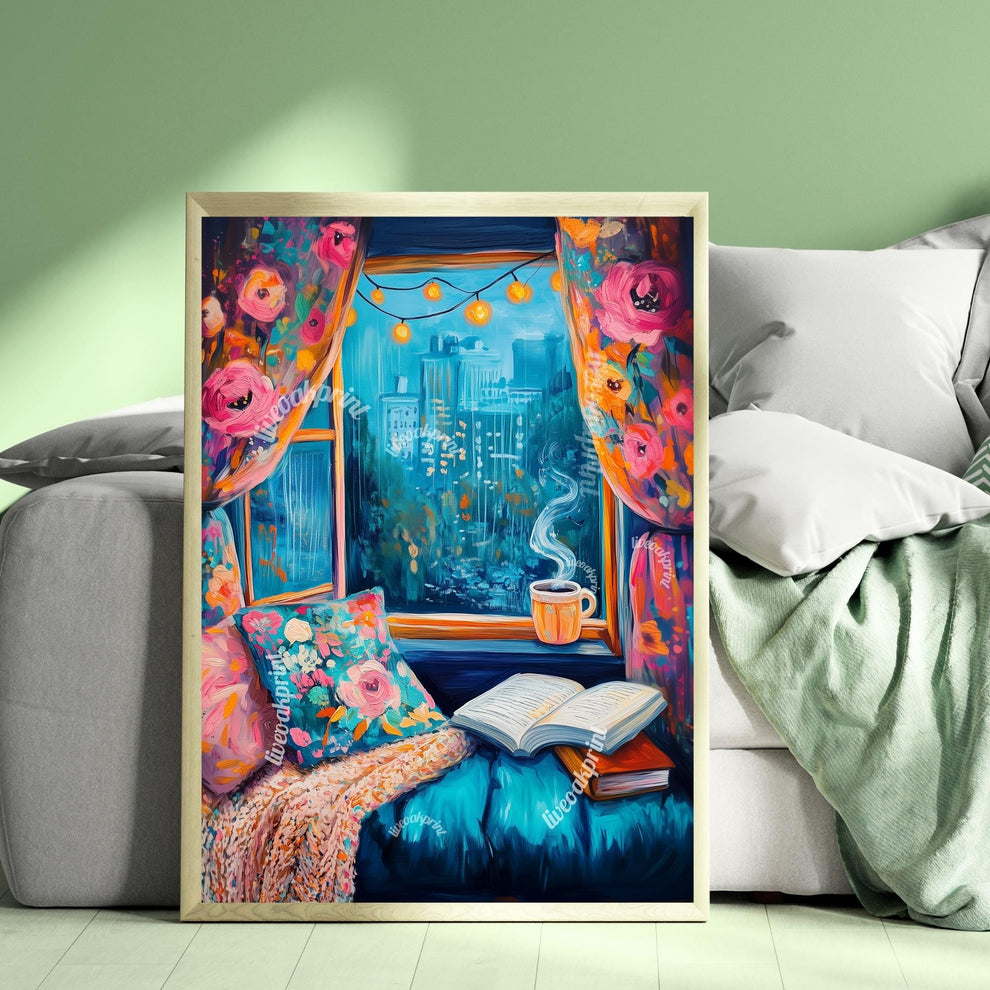 Cozy Raining Reading Window Seat - Cozy Book Print - Cute Reading Art - Blue Reading Proint Bookish Decor - Book Merch - Vintage Book Print