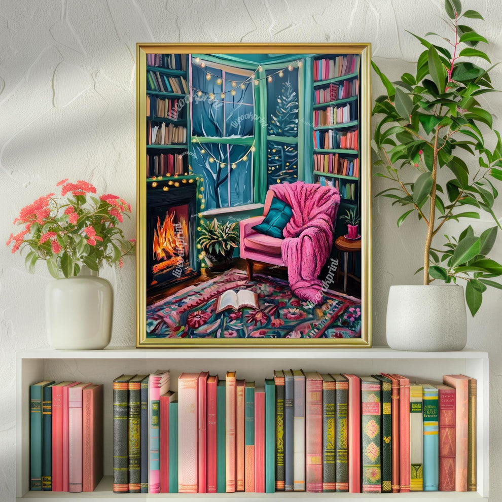 Reading by the Fire In Winter - Cozy Book Print - Winter Art - Fireplace Print - Bookish Decor - Book Merch - Christmas Winter Book Print