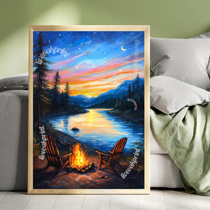 Camping By The River - Camping Print - Boho Wall Art - Nature Wall Art - Forest Decor - Outdoorsy Decor - Moon Print - Gift For Camper