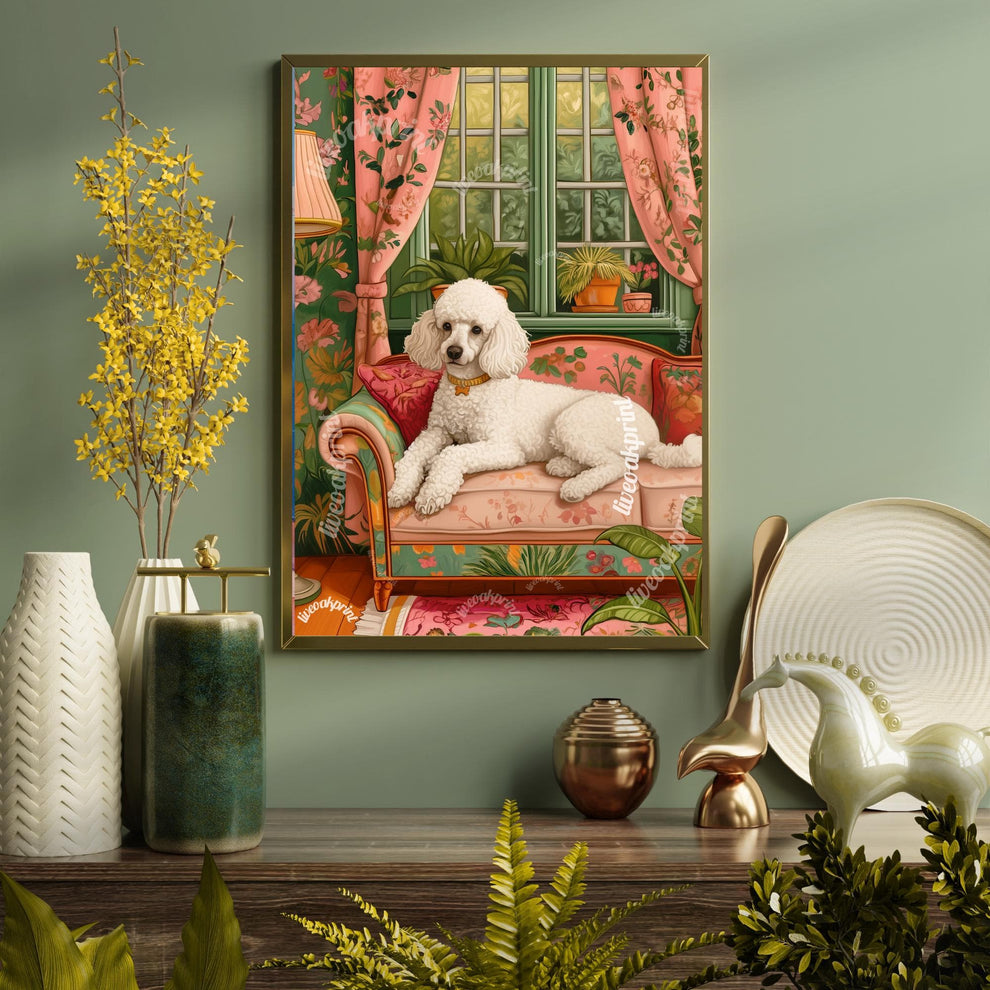 Poodle Lounging on a Luxury Sofa – Maximalist Wall Art – Poodle Dog Print – Dog Wall Art