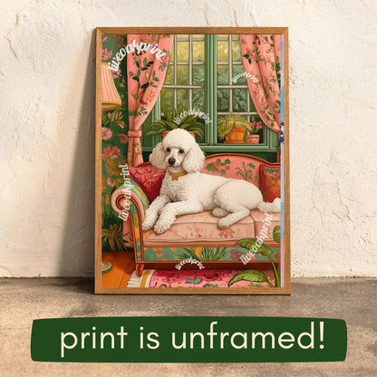 Poodle Lounging on a Luxury Sofa – Maximalist Wall Art – Poodle Dog Print – Dog Wall Art