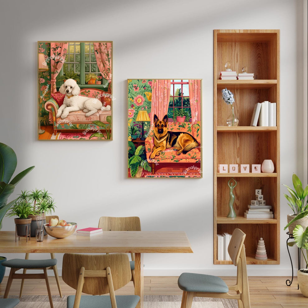 Poodle Lounging on a Luxury Sofa – Maximalist Wall Art – Poodle Dog Print – Dog Wall Art