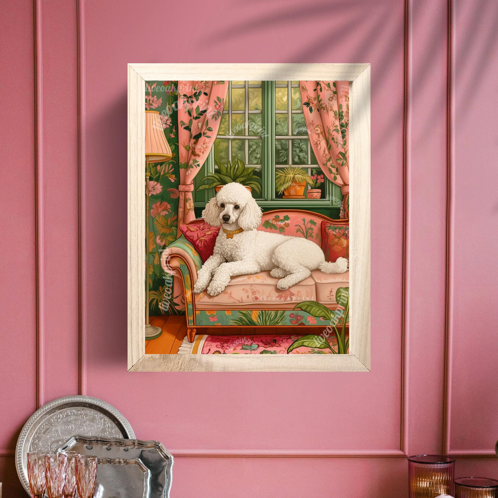 Poodle Lounging on a Luxury Sofa – Maximalist Wall Art – Poodle Dog Print – Dog Wall Art