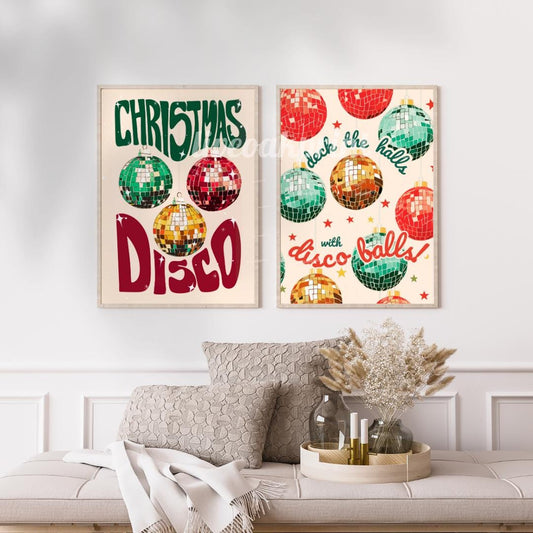 Set of Two Disco Christmas Prints - Christmas Disco Print Bundle - Deck the Halls with Disco Balls - Retro Christmas Print Set