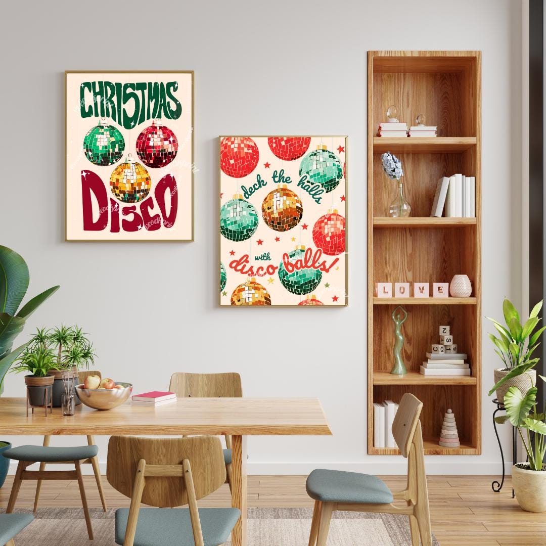 Set of Two Disco Christmas Prints - Christmas Disco Print Bundle - Deck the Halls with Disco Balls - Retro Christmas Print Set