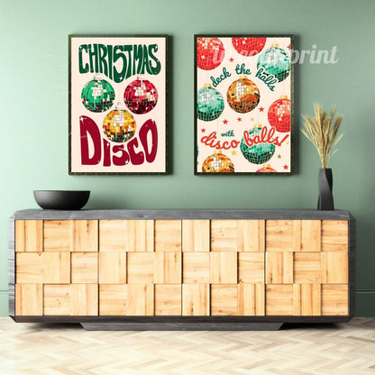 Set of Two Disco Christmas Prints - Christmas Disco Print Bundle - Deck the Halls with Disco Balls - Retro Christmas Print Set