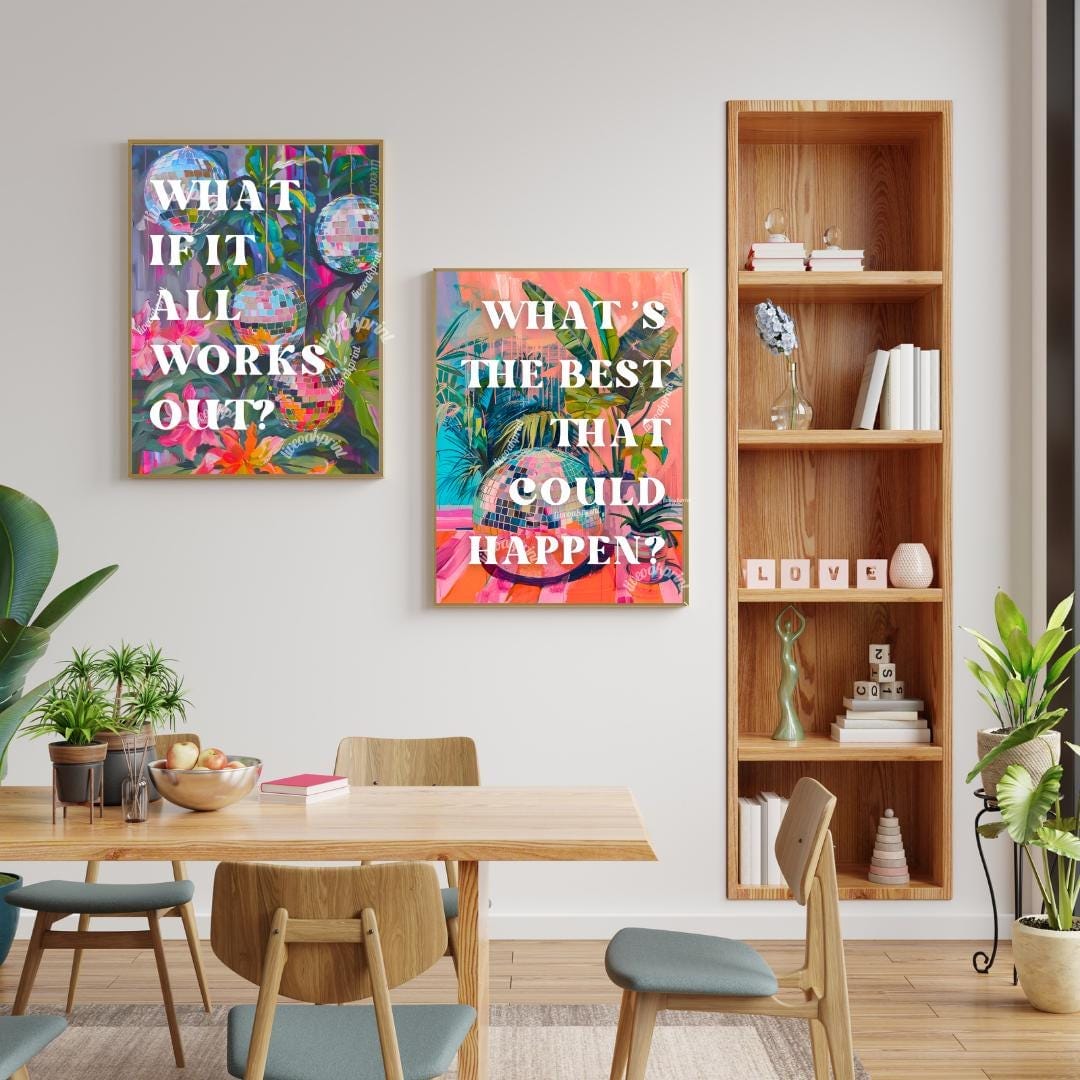 What if it All Works Out & What's the Best that Could Happen – Set of Two Positive Quote Prints | Disco Ball Retro Print Set of Two