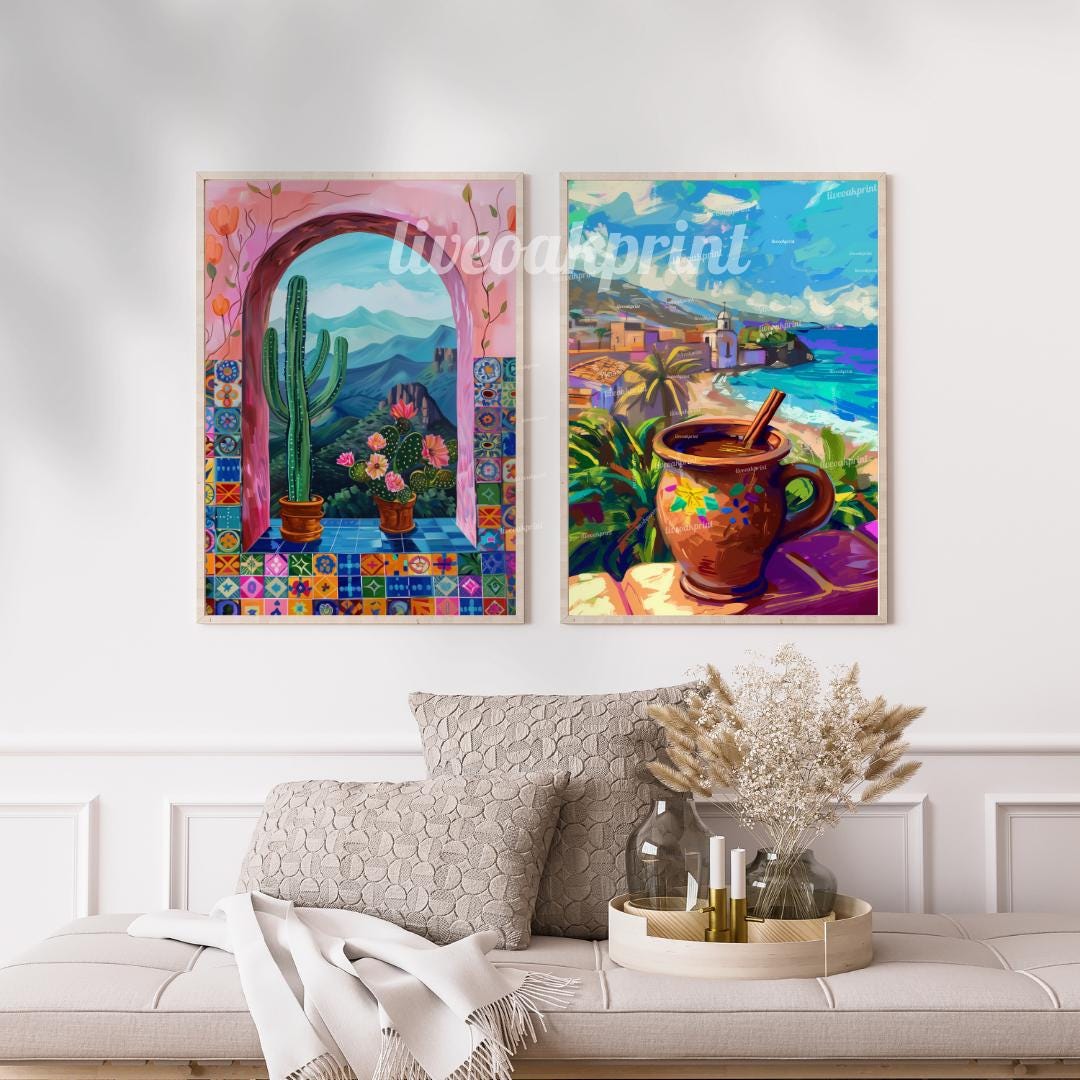 Set of Two Mexican Art Prints | Mexican Cactus & Cafe de Olla Prints | Latin American Wall Decor