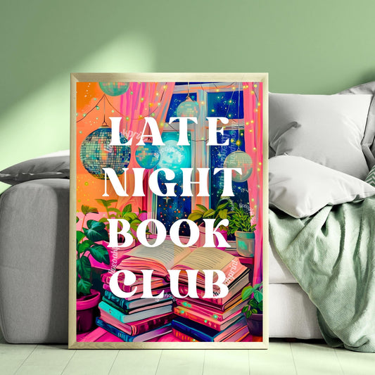 Late Night Book Club Sign - Disco Reading Print - Trendy Reading Poster, Book Lover Wall Art, Bookish Poster, Reading Lover Gift